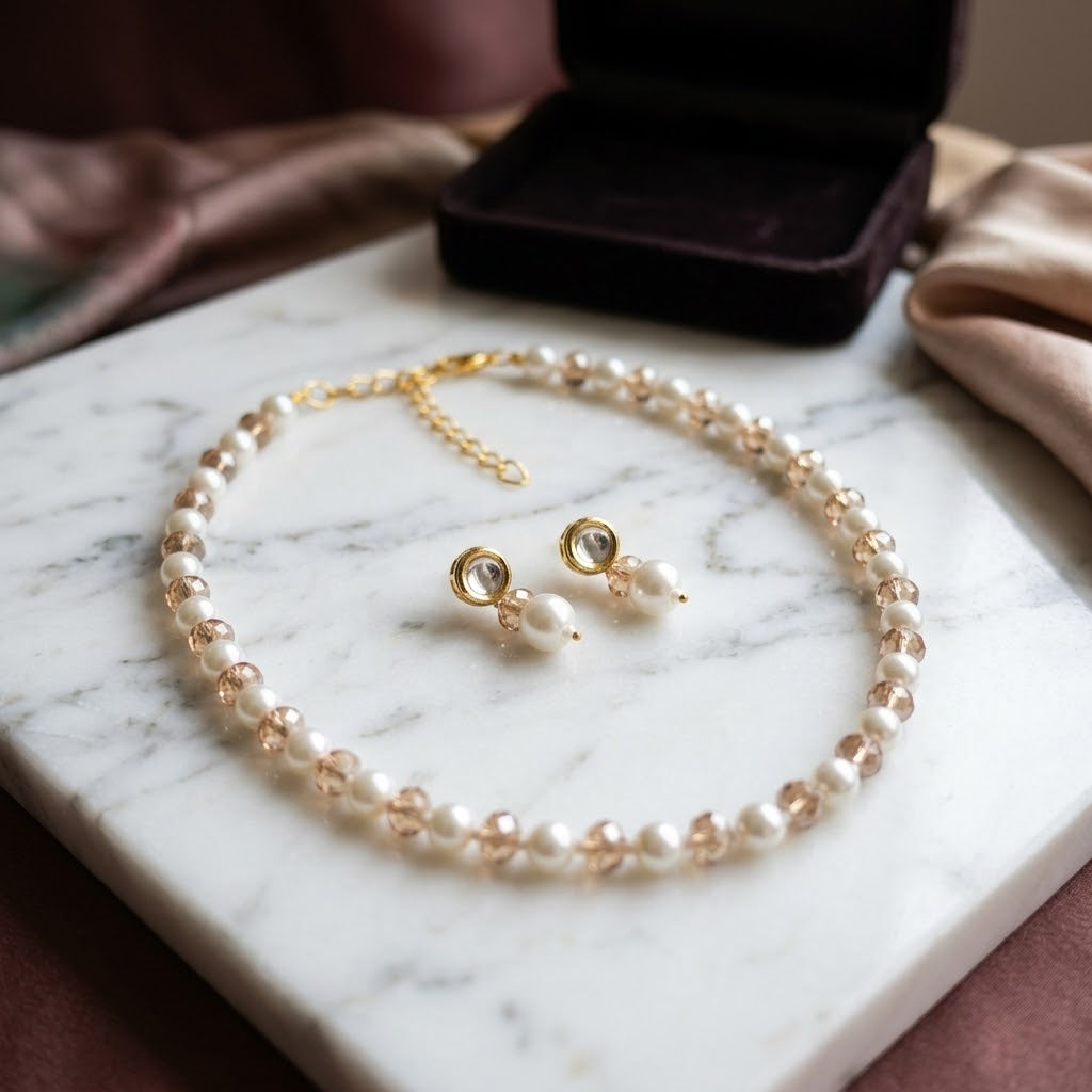 Pearl and Champagne Crystal Necklace and Earring Set in 18ct Gold Plate — Boho Jewellery UK | The Colourful Aura