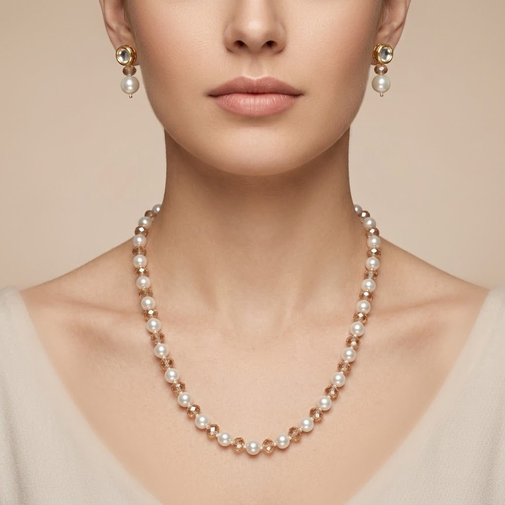 Pearl and Champagne Crystal Necklace and Earring Set in 18ct Gold Plate (Close-up Detail) | The Colourful Aura