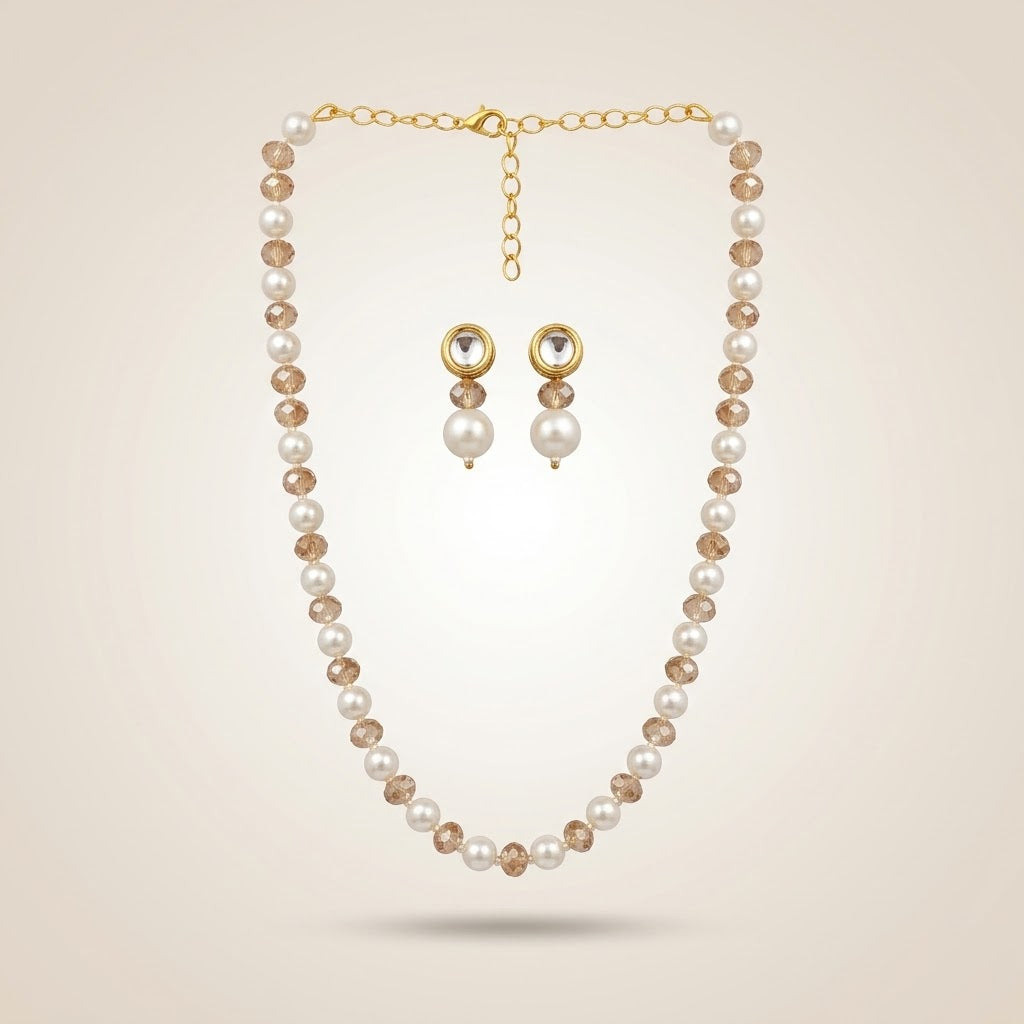 Pearl and Champagne Crystal Necklace and Earring Set in 18ct Gold Plate (Close-up Detail) | The Colourful Aura