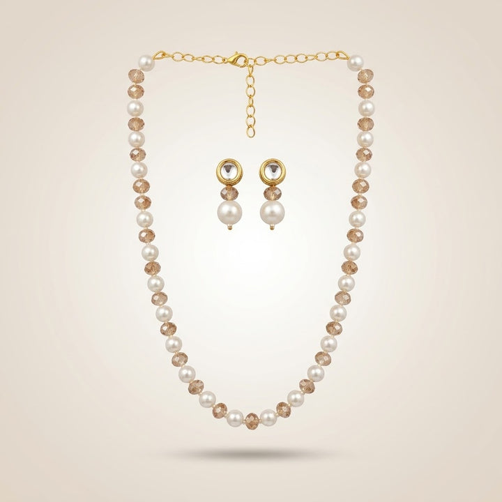 Pearl and Champagne Crystal Necklace and Earring Set in 18ct Gold Plate (Close-up Detail) | The Colourful Aura