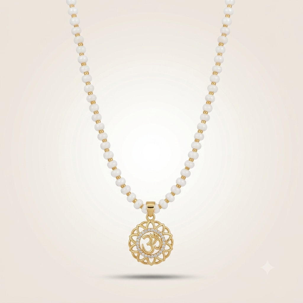 Pearl Beaded Om Pendant Necklace, 18ct Gold Plated — Boho Jewellery UK | The Colourful Aura
