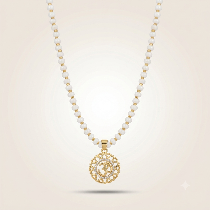 Pearl Beaded Om Pendant Necklace, 18ct Gold Plated — Boho Jewellery UK | The Colourful Aura