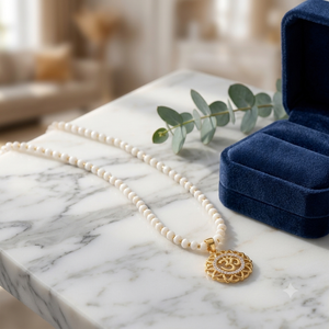 Pearl Beaded Om Pendant Necklace, 18ct Gold Plated (Close-up Detail) | The Colourful Aura