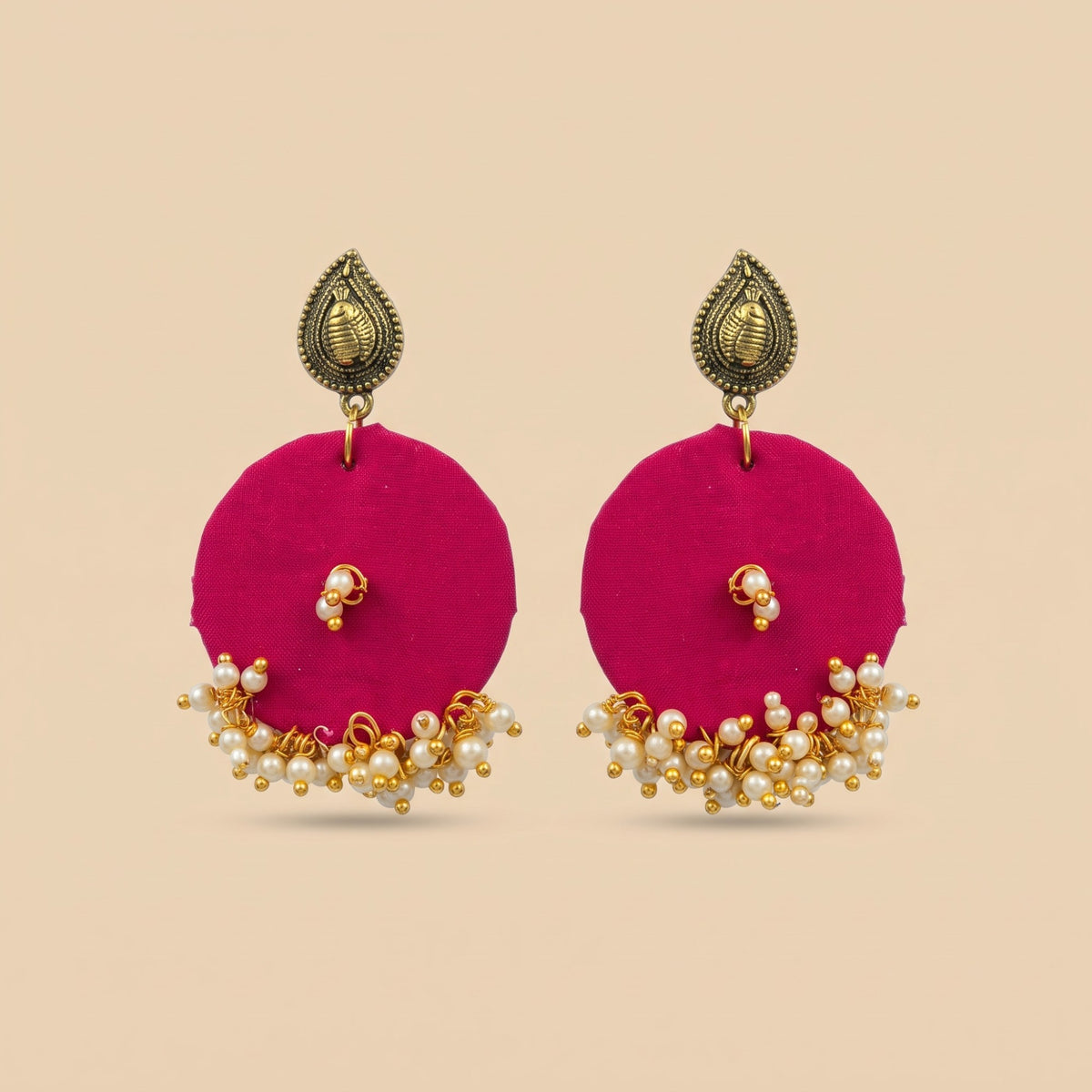 Pink Handmade Round Fabric Boho Poth White Pearl Asian Jhumka Drop Earrings — Boho Jewellery UK | The Colourful Aura