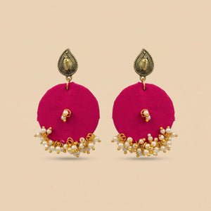 Pink Handmade Round Fabric Boho Poth White Pearl Asian Jhumka Drop Earrings — Boho Jewellery UK | The Colourful Aura