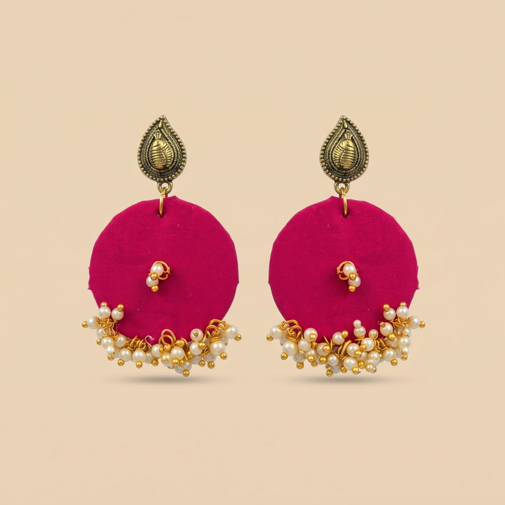 Pink Handmade Round Fabric Boho Poth White Pearl Asian Jhumka Drop Earrings — Boho Jewellery UK | The Colourful Aura
