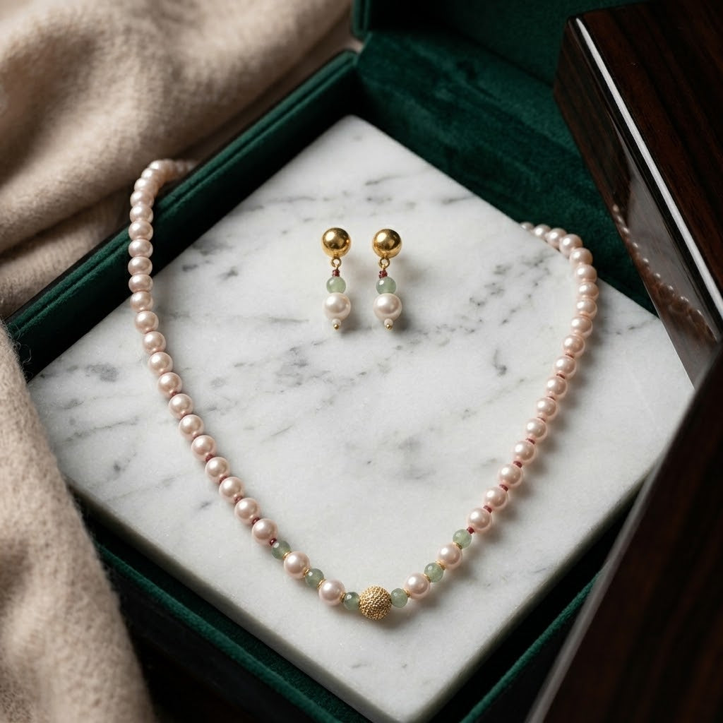 Pink Pearl Jade Beaded Necklace & Earring Set (Close-up Detail) | The Colourful Aura