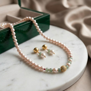 Pink Pearl Jade Beaded Necklace & Earring Set (Close-up Detail) | The Colourful Aura