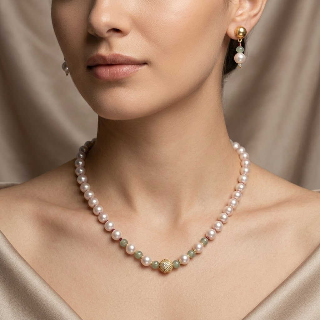 Pink Pearl Jade Beaded Necklace & Earring Set (Close-up Detail) | The Colourful Aura