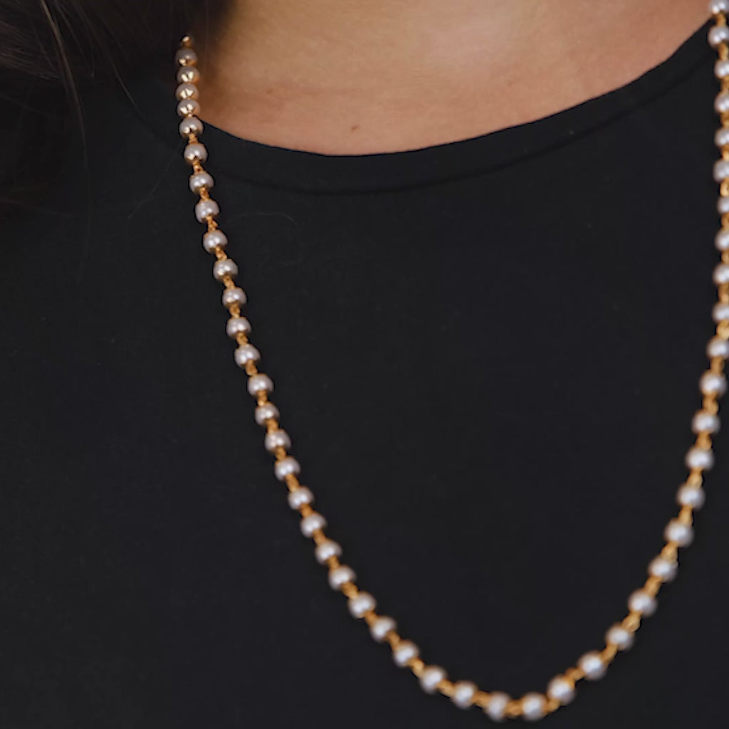 Single Strand Ethnic Beaded Brass Lightweight Unisex White Pearl Mala Necklace