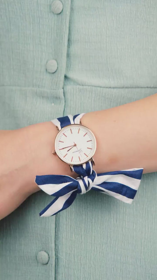 Blue Stripe Print Colour Changeable Fabric Strap Wristwatch
