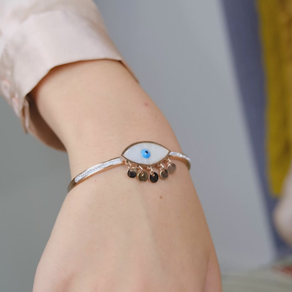 Blue Evil Eye Brass Gold Zircon Magnetic Bangle Bracelet