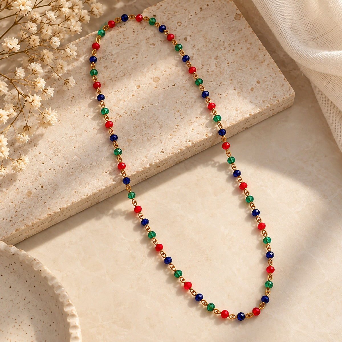Red Blue Green Glass Bead Gold Plated Long Beaded Necklace 30 Inch — Boho Jewellery UK | The Colourful Aura