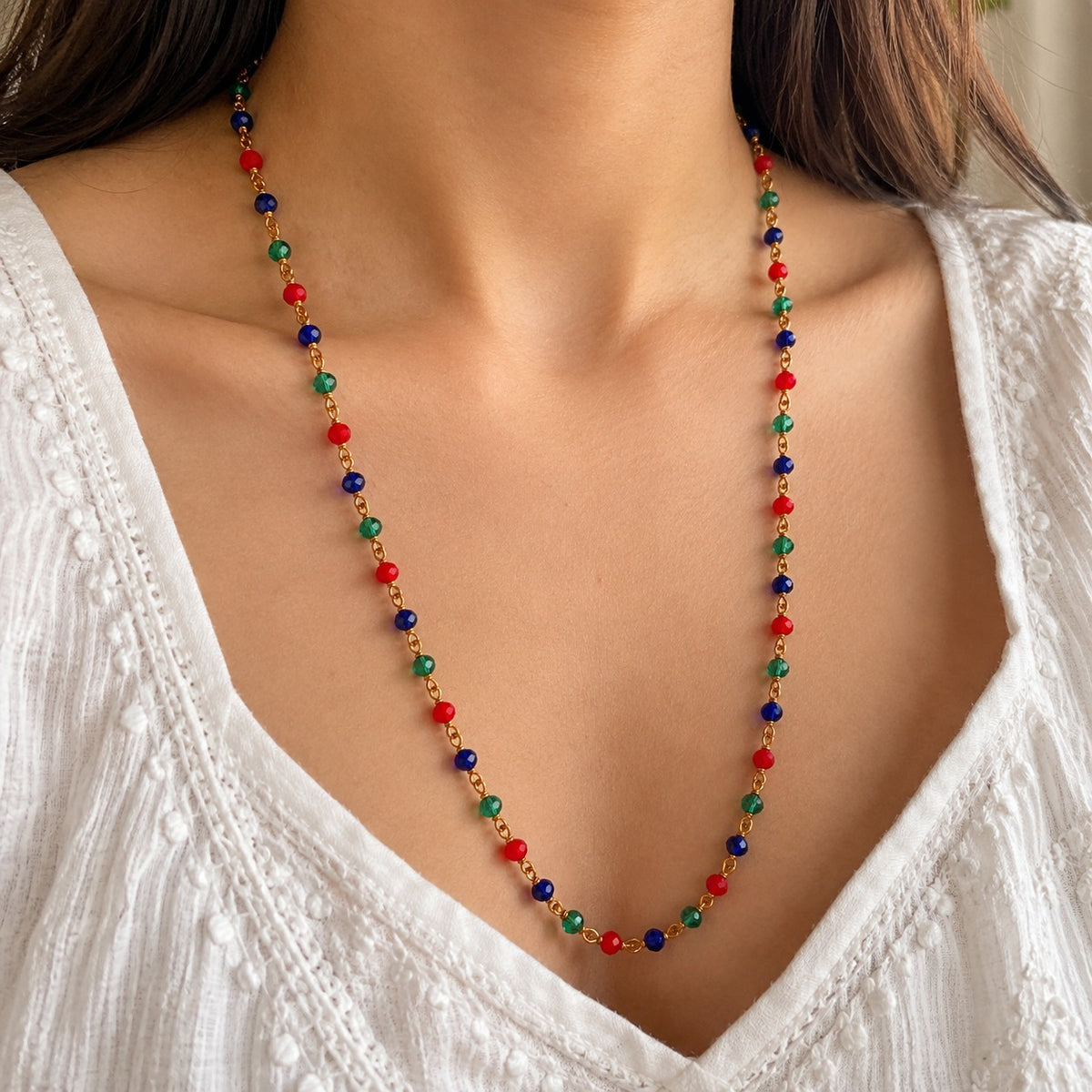 Red Blue Green Glass Bead Gold Plated Long Beaded Necklace 30 Inch (Close-up Detail) | The Colourful Aura