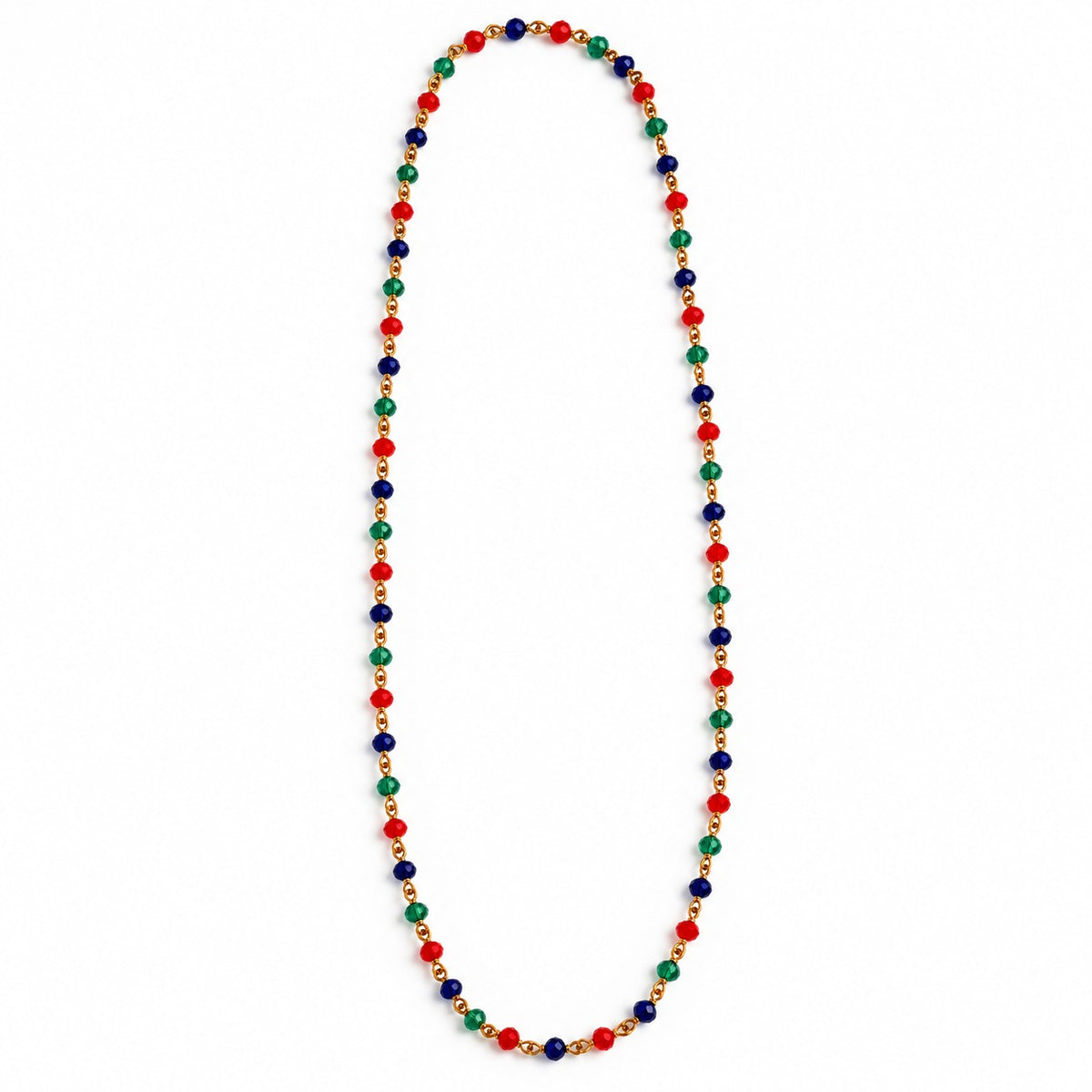 Red Blue Green Glass Bead Gold Plated Long Beaded Necklace 30 Inch (Close-up Detail) | The Colourful Aura