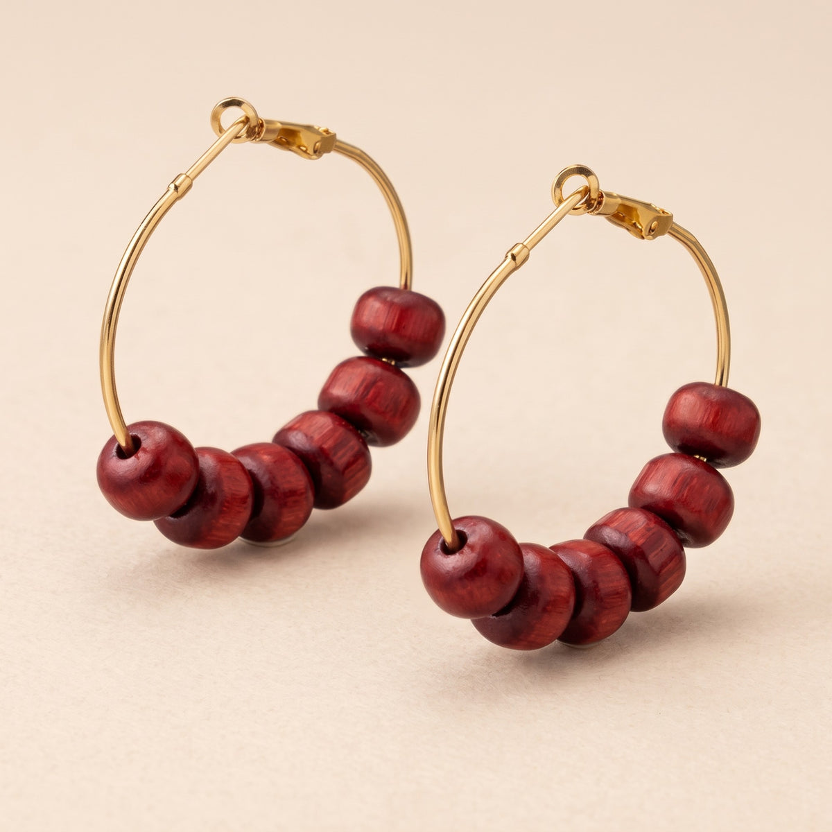 Red Sandalwood Beaded Huggie Dainty Hindu Asian Bali Boho Hoop Earring — Boho Jewellery UK | The Colourful Aura