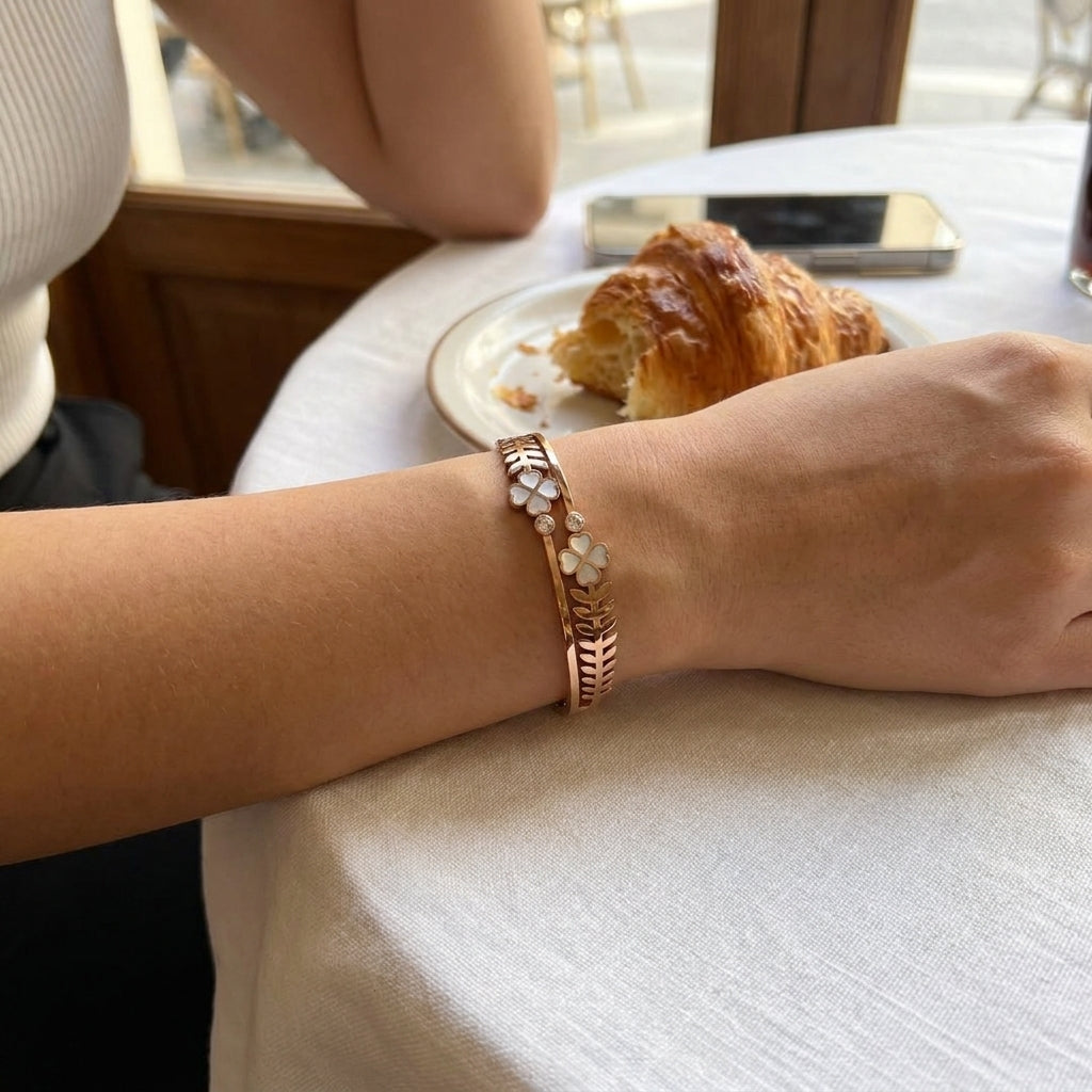Rose Gold Clover Leaf Brass Kada with CZ Stones (Close-up Detail) | The Colourful Aura