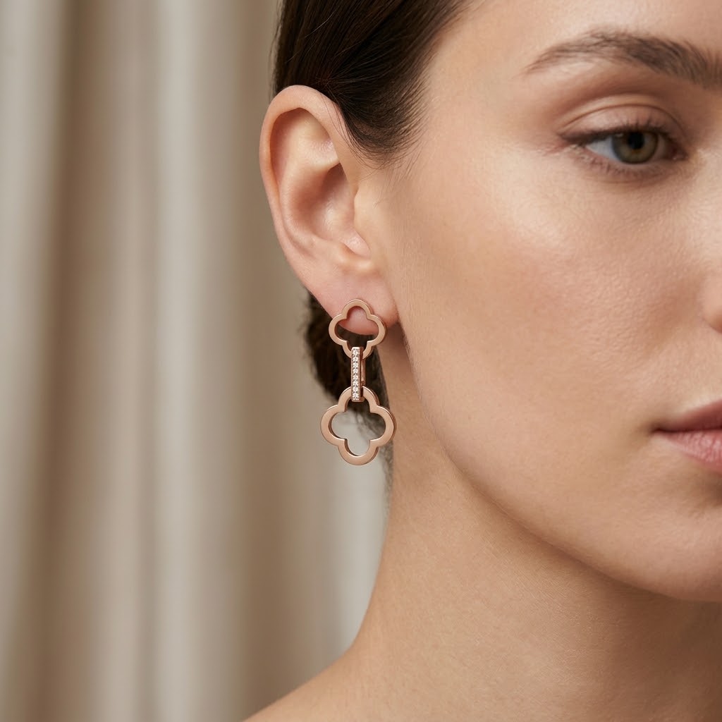 Rose Gold Clover Pavé Bar Drop Earrings (Close-up Detail) | The Colourful Aura