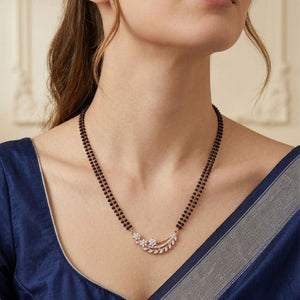 Rose Gold Double Strand CZ Crystal Leaf Floral Mangalsutra Black Bead Necklace 18 Inch — full necklace