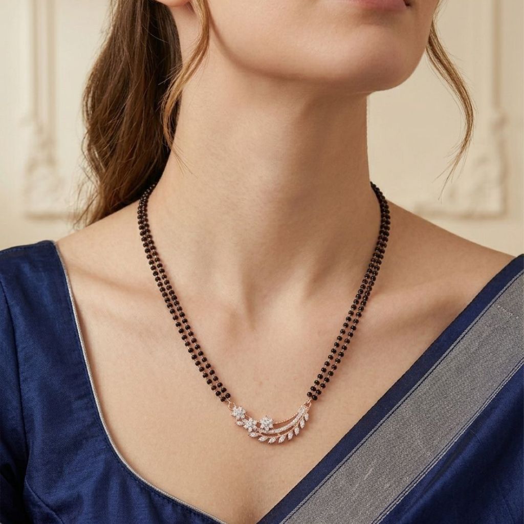 Rose Gold Double Strand CZ Crystal Leaf Floral Mangalsutra Black Bead Necklace 18 Inch — full necklace