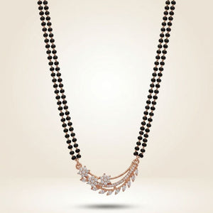 Rose Gold Double Strand CZ Crystal Leaf Floral Mangalsutra Black Bead Necklace 18 Inch — side view