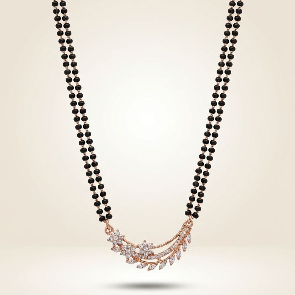 Rose Gold Double Strand CZ Crystal Leaf Floral Mangalsutra Black Bead Necklace 18 Inch — side view