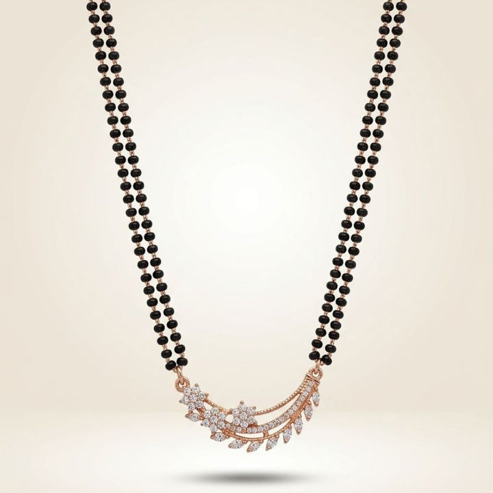 Rose Gold Plated Double Strand CZ Crystal Leaf Floral Mangalsutra Black Bead Necklace 18 Inch