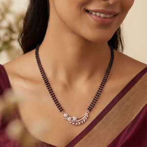Rose Gold Double Strand CZ Crystal Leaf Floral Mangalsutra Black Bead Necklace 18 Inch — pendant close-up
