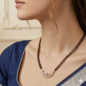 Rose Gold Double Strand CZ Crystal Leaf Floral Mangalsutra Black Bead Necklace 18 Inch — detail view