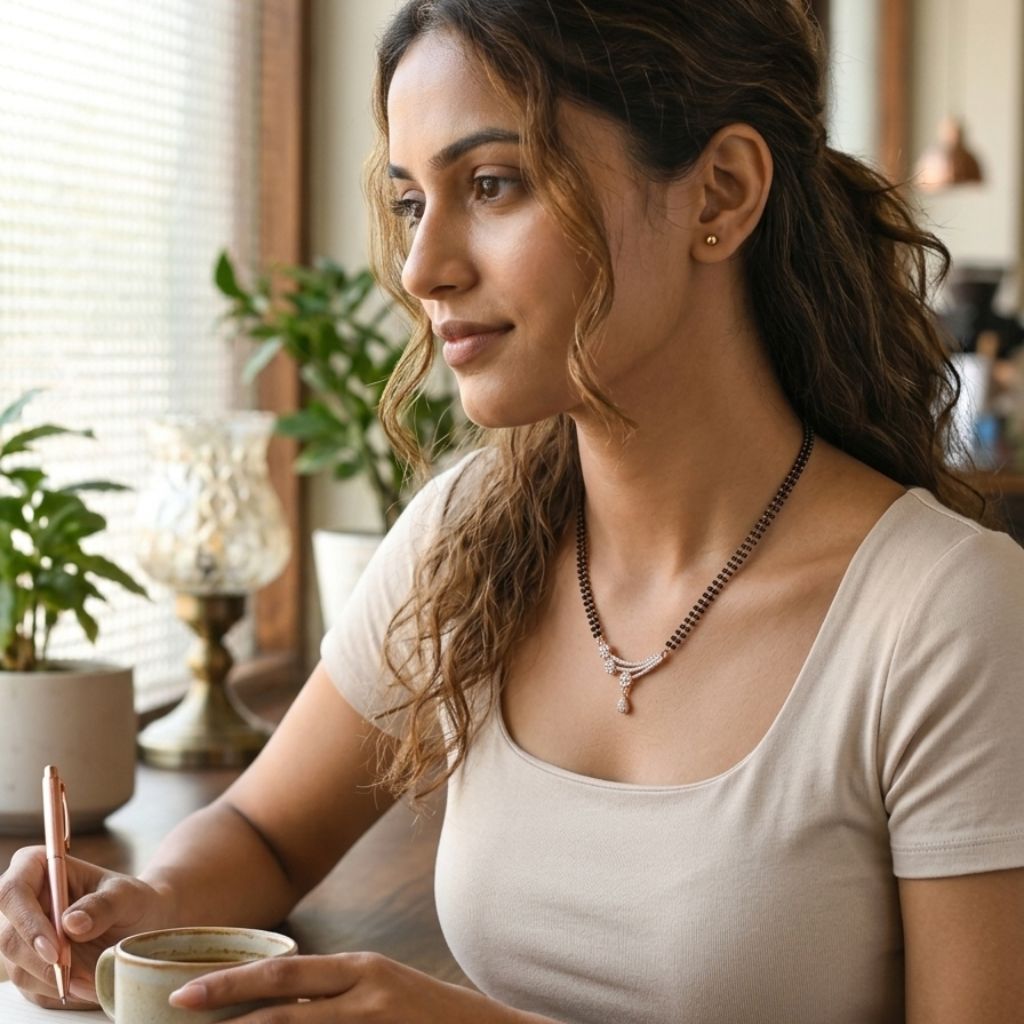 Model wearing rose gold double strand mangalsutra with CZ floral spray pendant lifestyle shot