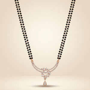 Rose gold plated double strand mangalsutra with CZ crystal floral wreath pendant flat lay