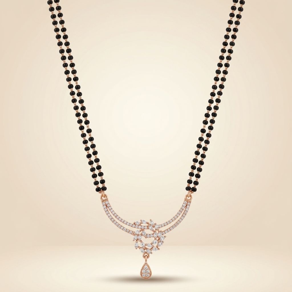 Rose gold plated double strand mangalsutra with CZ crystal floral wreath pendant flat lay