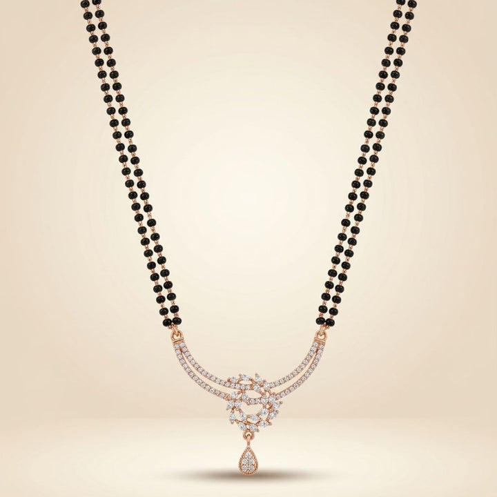 Rose gold plated double strand mangalsutra with CZ crystal floral wreath pendant flat lay