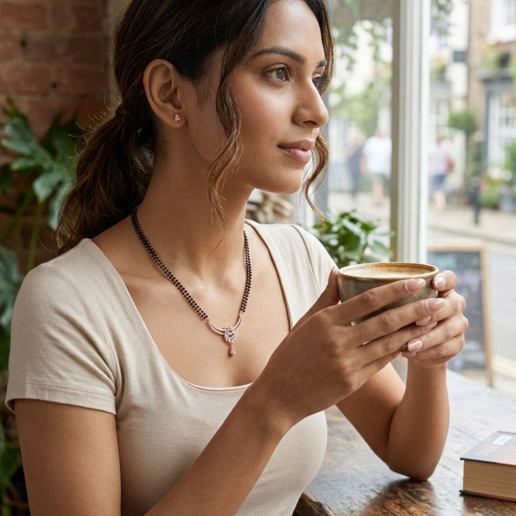 Model wearing rose gold double strand mangalsutra with CZ floral wreath pendant holding coffee in cafe