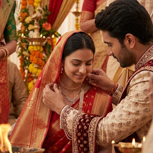 ose gold double strand mangalsutra being placed on bride at Indian wedding ceremony