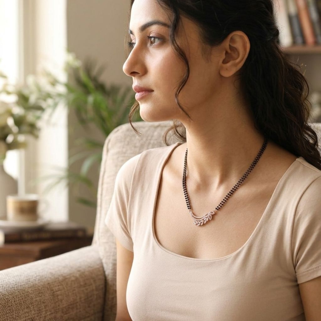 Model wearing rose gold double strand mangalsutra with CZ wing leaf pendant lifestyle shot indoors