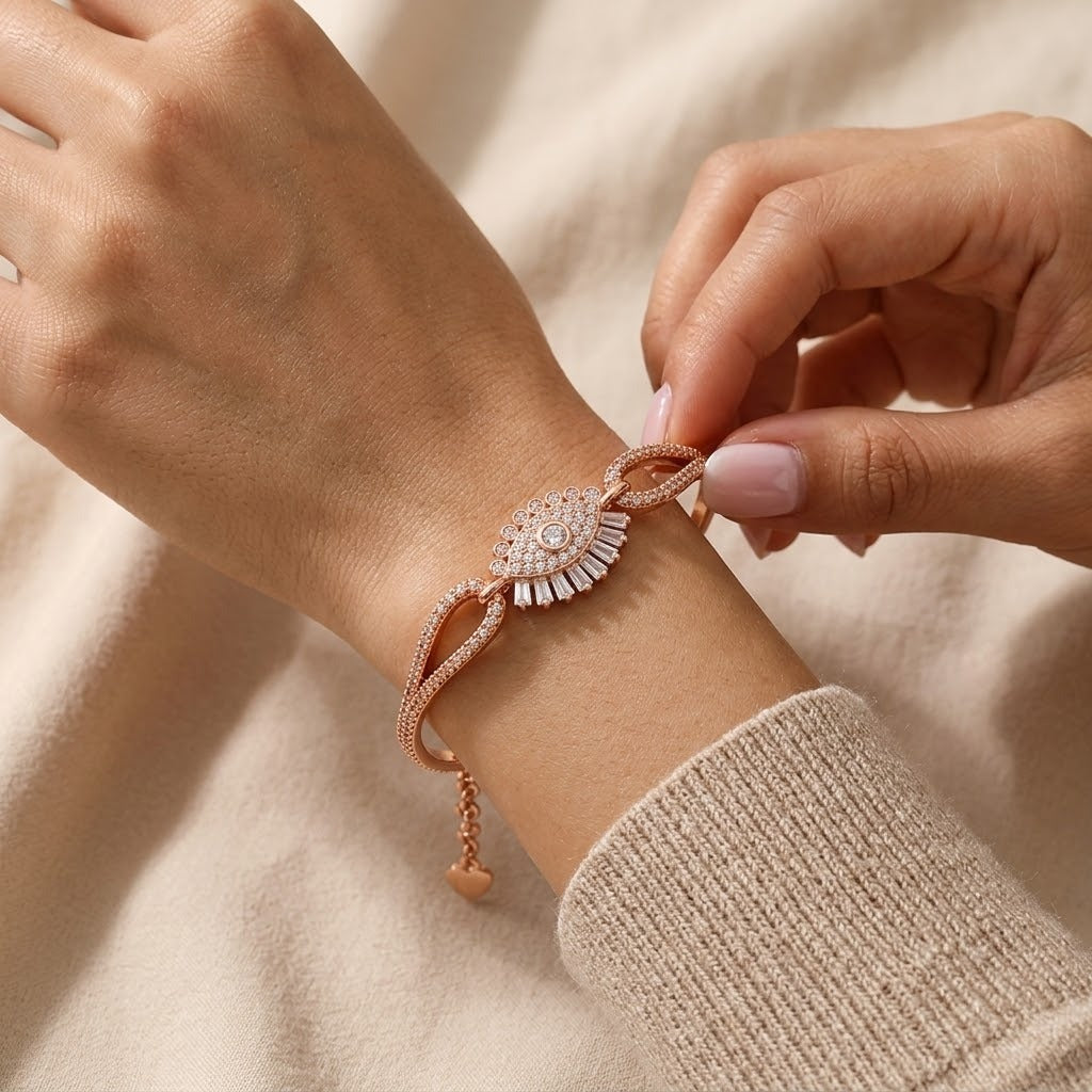 Rose Gold Plated Brass Evil Eye Sparkle Adjustable Bangle Bracelet (Close-up Detail) | The Colourful Aura