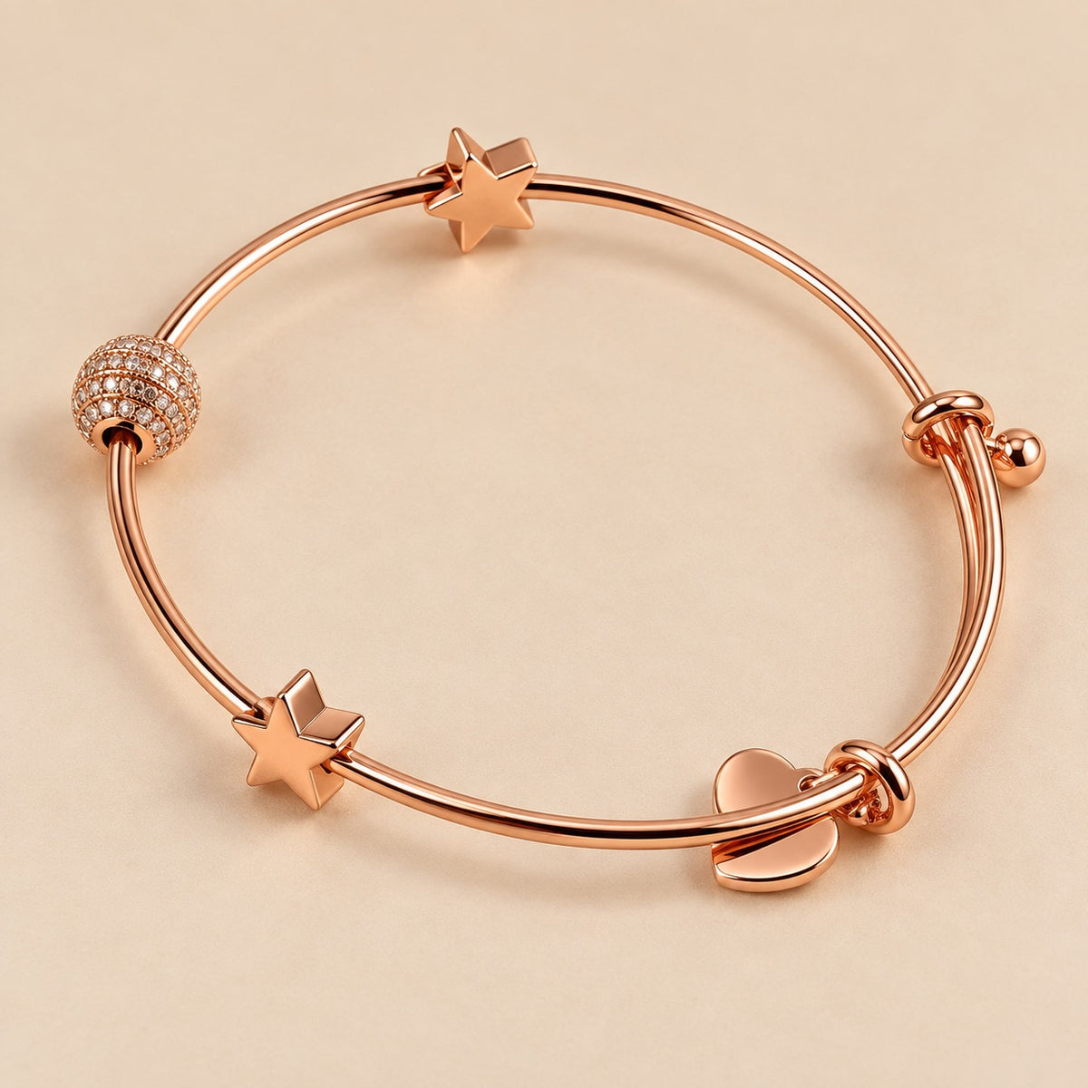 Rose Gold Plated Brass Star Heart Charm Adjustable Bangle Bracelet — Boho Jewellery UK | The Colourful Aura
