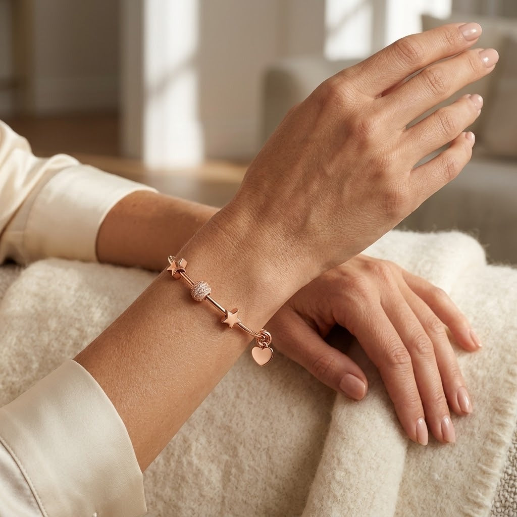 Rose Gold Plated Brass Star Heart Charm Adjustable Bangle Bracelet (Close-up Detail) | The Colourful Aura