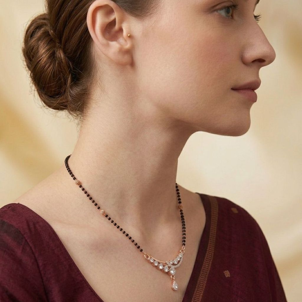 Rose gold mangalsutra with CZ crystal floral sweep pendant flat lay product shot