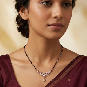 18 inch rose gold plated mangalsutra black beads CZ crystal floral pendant on model front view