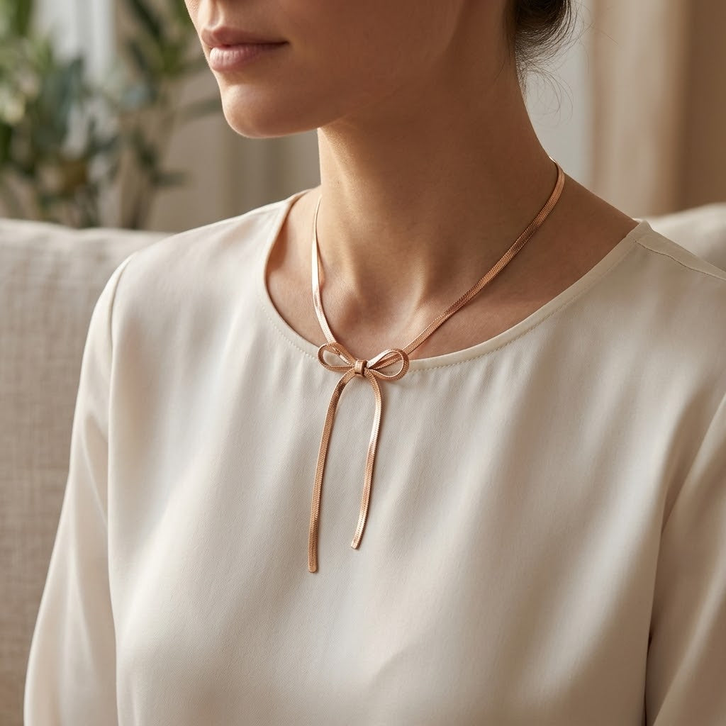 Rose Gold Plated Herringbone Chain Bow Necklace (Close-up Detail) | The Colourful Aura