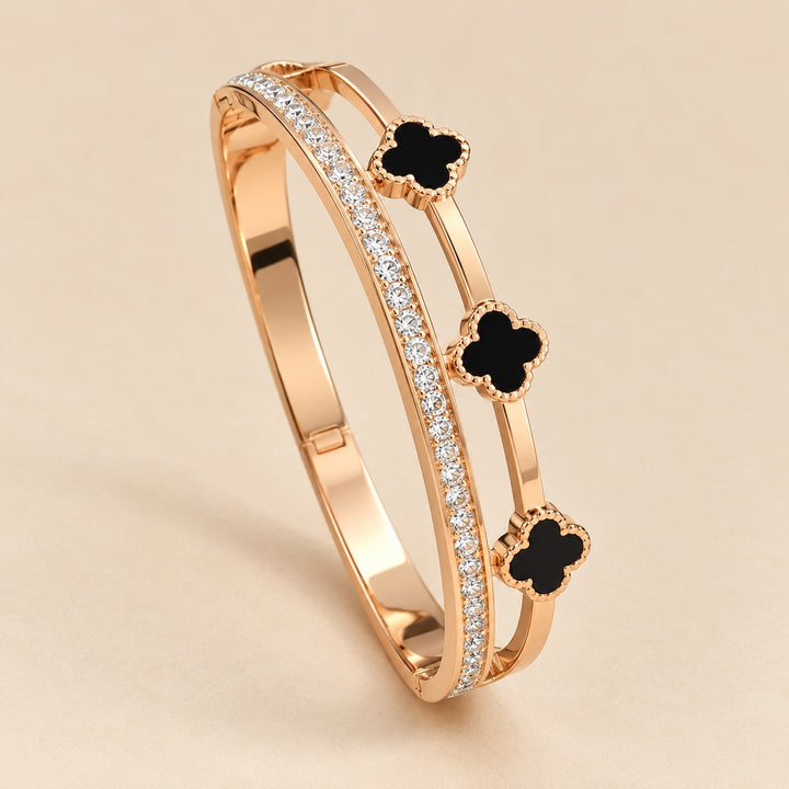 Rose Gold Plated Stainless Steel Black Clover Sparkle Hinged Bangle Bracelet — Boho Jewellery UK | The Colourful Aura