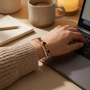 Rose Gold Plated Stainless Steel Black Clover Sparkle Hinged Bangle Bracelet (Close-up Detail) | The Colourful Aura