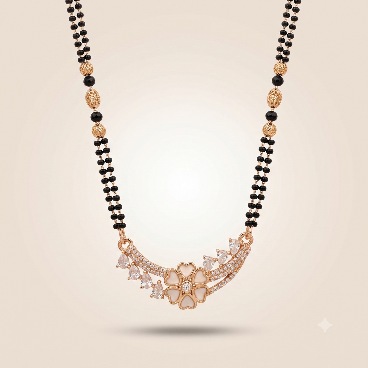 Indian Nazaria Rose Gold Fan Crown Zircon Mangalsutra Black Beads Necklace — Boho Jewellery UK | The Colourful Aura