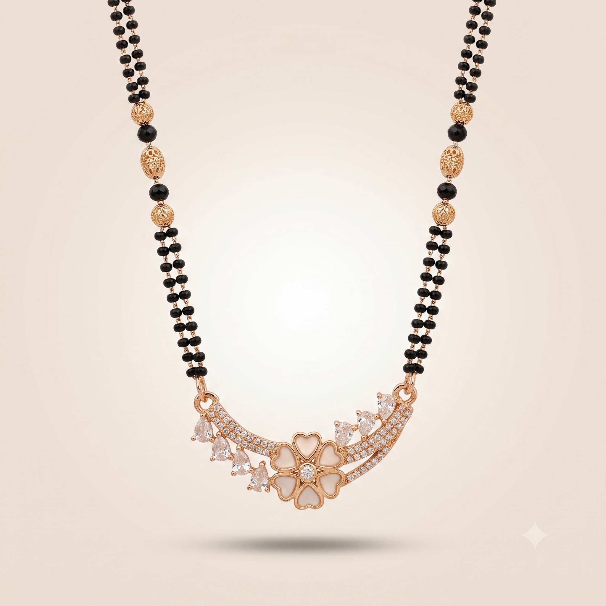 Indian Nazaria Rose Gold Fan Crown Zircon Mangalsutra Black Beads Necklace
