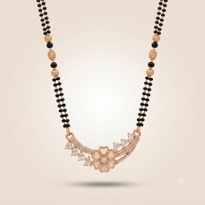 Indian Nazaria Rose Gold Fan Crown Zircon Mangalsutra Black Beads Necklace