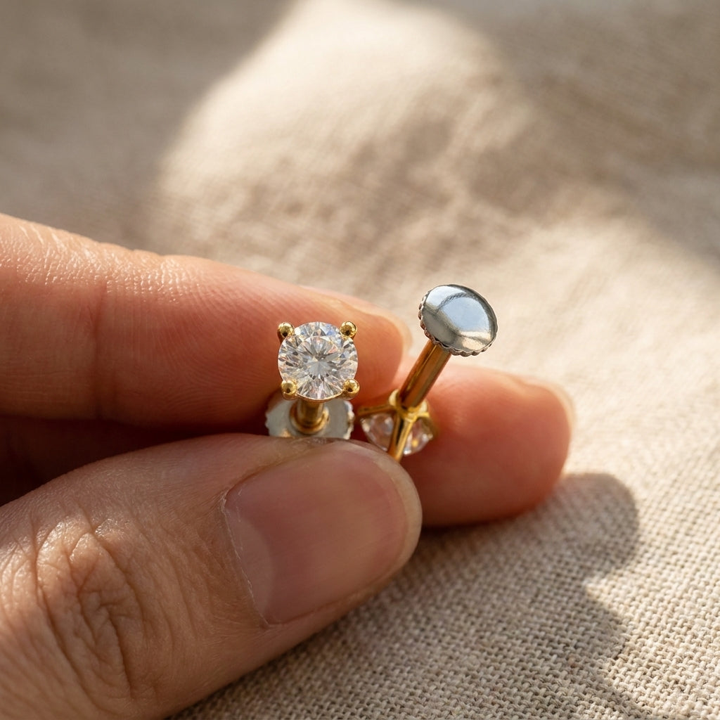 Round Cut Gold Plated Flat Back Nose Stud (Handheld Detail) | The Colourful Aura