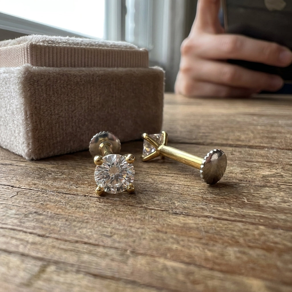 Round Cut Gold Plated Flat Back Nose Stud (Wooden Table Lifestyle) | The Colourful Aura