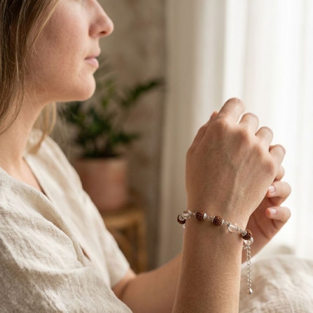 Close-up of a silver plated Rudraksha and crystal quartz bead bracelet worn on a woman's wrist
